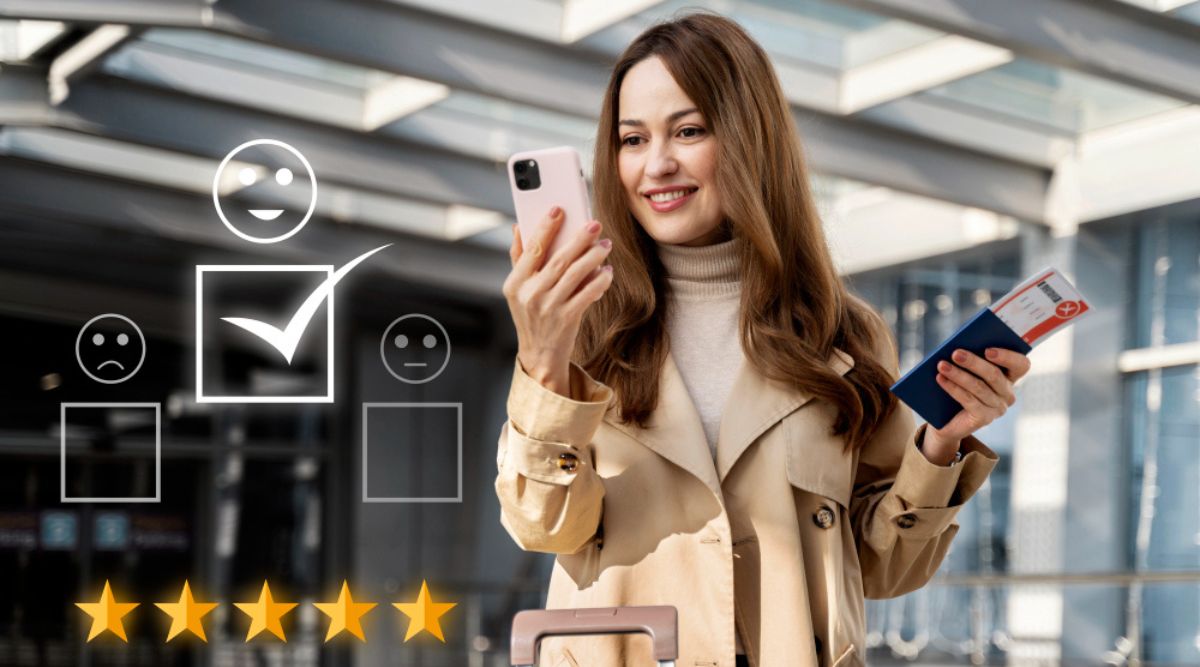 Image of a woman smiling while holding a phone, suggesting positive customer experience
